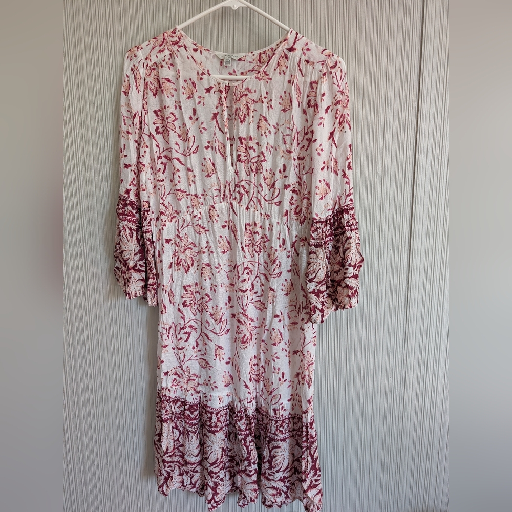 Lucky Brand Border Print Hazell Peasant Dress White Marroon Bell-Sleeved Size S